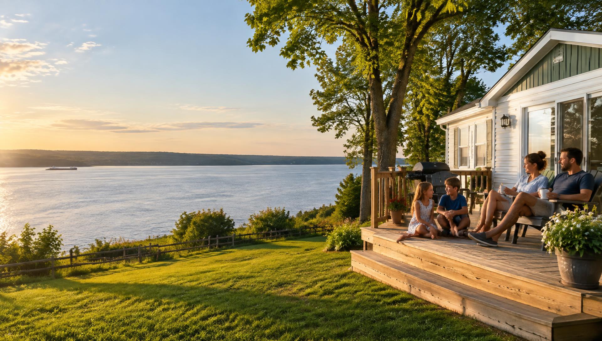 Une famille profite de sa terrasse devant une maison de parc, avec le fleuve en arrière-plan